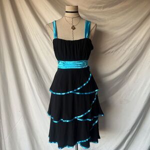 Deb Vintage Blue Satin black flowy party dress